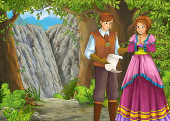 cartoon summer scene with meadow in the forest with prince and princess