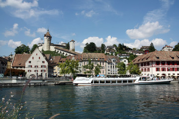 Naklejka premium Beautiful View of Swiss old town Schaffhausen with the landmark Munot Fort