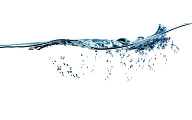 Pure water wave with bubbles of water and air on a white background.