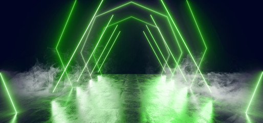 Sci Fi Neon Smoke Fog Glowing Green Laser Studio Reflective Concrete Grunge Underground Garage Stage Podium Catwalk Futuristic Club 3D Rendering