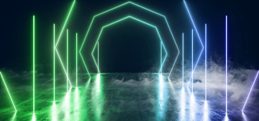 Sci Fi Neon Smoke Fog Glowing Blue Green Laser Studio Reflective Concrete Grunge Underground Garage Stage Podium Catwalk Futuristic Club 3D Rendering