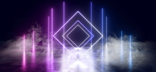 Neon Smoke Fog Glowing Purple Blue Laser Studio Reflective Concrete Grunge Underground Garage Stage Podium Catwalk Futuristic Club 3D Rendering