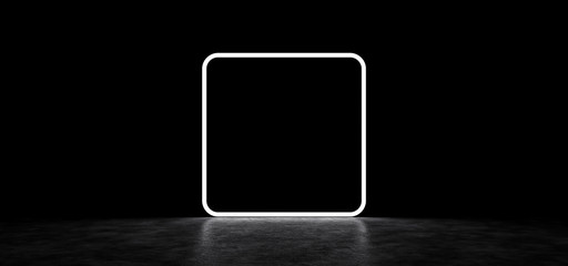 Luminous frame with rounded corners in a dark space. Glowing square white frame. 3D Render.
