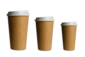 Coffee drinking cup sizes blank Takeaway paper, carton or cardboard coffee cup different size isolated on white background including clipping path.