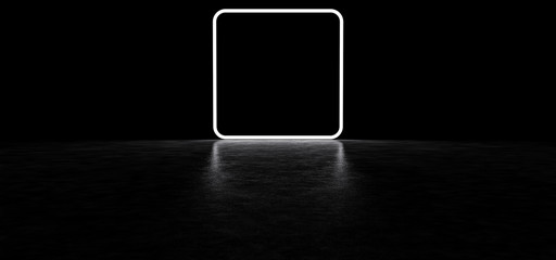 Luminous frame with rounded corners in a dark space. Glowing square white frame. 3D Render.