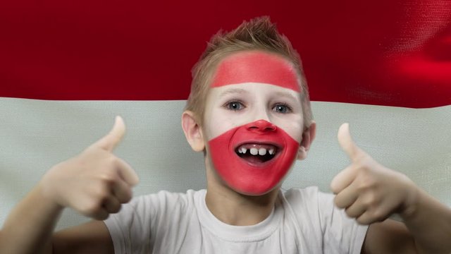 Joyful fan on the background of the flag of Austria. Happy boy with painted face in national colors. The young fan rejoices in the victory of his beloved team. Success. Victory. Triumph.