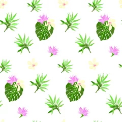 Fototapete Tropische Pflanzen Tropische Blätter und Blumen handgezeichnete Anordnung des Blumenstraußes. Nahtloser exotischer heller Hintergrund.