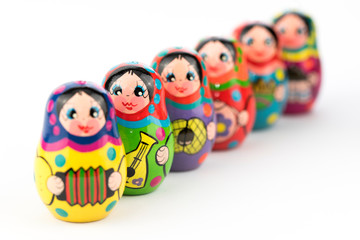 traditional russian souvenir matryoshka, six babushka doll in a row