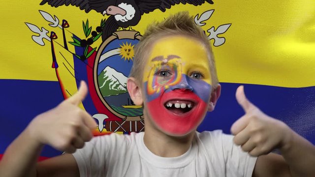 Joyful fan on the background of the flag of Ecuador. Happy boy with painted face in national colors. The young fan rejoices in the victory of his beloved team. Success. Victory. Triumph.