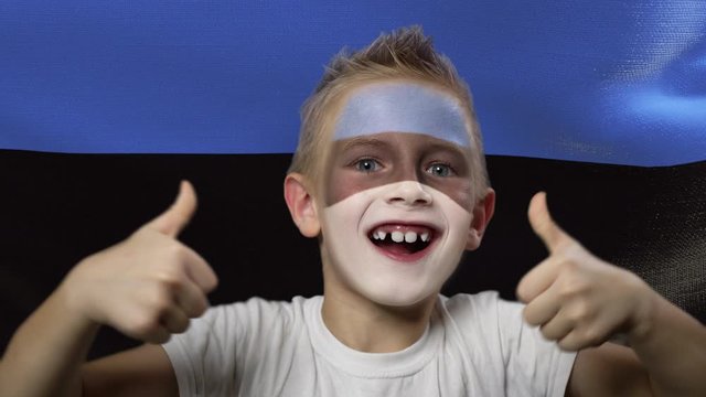 Joyful fan on the background of the flag of Estonia. Happy boy with painted face in national colors. The young fan rejoices in the victory of his beloved team. Success. Victory. Triumph.