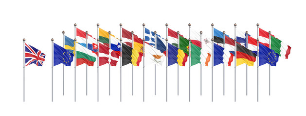 Withdrawal from the European Union , United kingdom , 27 flags of countries of European Union. Isolated on white. 3D illustration.