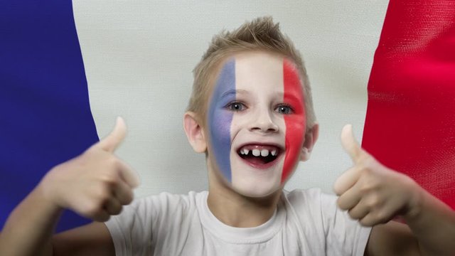 Joyful fan on the background of the flag of France. Happy boy with painted face in national colors. The young fan rejoices in the victory of his beloved team. Success. Victory. Triumph.