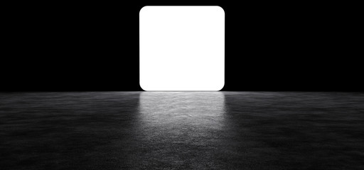 Glowing screen with rounded corners in a dark space. Glowing square white screen.3D Render.