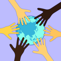 Different races and skintone hands around the Planet Earth isolated on blue background. Save the Planet, Ecology and Environmental protection, Volunteering, Helping hand, Teamwork, Friendship concept.