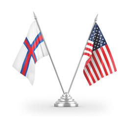 United States and Faroe Islands table flags isolated on white 3D rendering