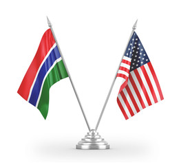 United States and Gambia table flags isolated on white 3D rendering