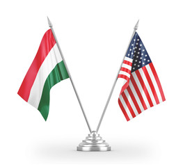 United States and Hungary table flags isolated on white 3D rendering