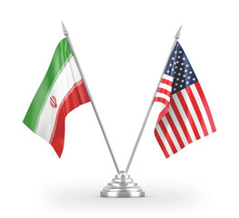 United States and Iran table flags isolated on white 3D rendering