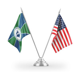 United States and Martinique table flags isolated on white 3D rendering