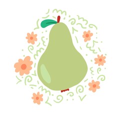 Pear of green color with leaf and flowers. Cartoon hand drawn style. Isolated pear for fresh fruit, organic food, natural eat concept design. Vector illustration.