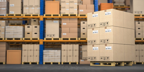 Warehouse or storage with cardboard boxes on a pallet. Logistics and mail delivery concept.