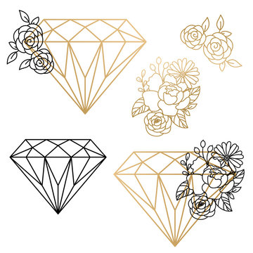 Vector set of diamond design elements and flower compositions.