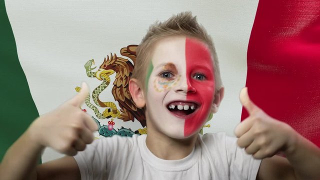 Joyful fan on the background of the flag of Mexico. Happy boy with painted face in national colors. The young fan rejoices in the victory of his beloved team. Success. Victory. Triumph.