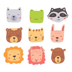 Set of cute wild animals faces, bear, frog, lion, rabbit, fox. Isolated vector illustration animals for baby, kids, child project design. Hand drawn cute style.