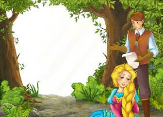 cartoon summer scene with meadow in the forest with white background with prince and princess