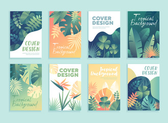 Set of 8 different tropical template designs for covers with leaves and flowers in muted colours and copy space in tones of green and orange, vector illustration