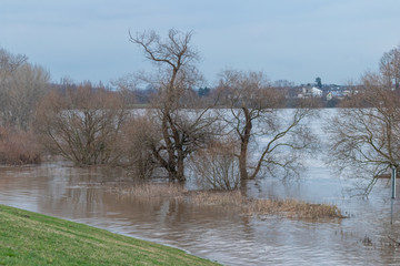 Überschwemmung und überflutete Auenlandschaft nach Hochwasser durch starke Regenfälle, Tsunami...