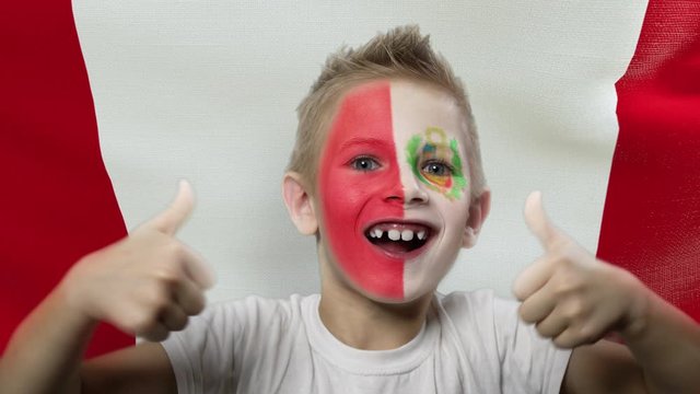 Joyful fan on the background of the flag of Peru. Happy boy with painted face in national colors. The young fan rejoices in the victory of his beloved team. Success. Victory. Triumph.