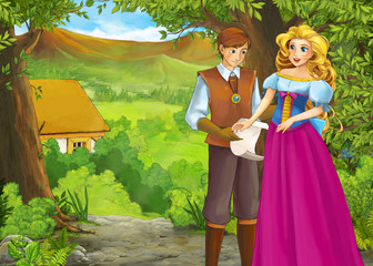 Obraz na płótnie Canvas cartoon summer scene with path to the farm village with prince and princess