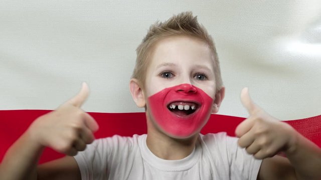 Joyful fan on the background of the flag of Poland. Happy boy with painted face in national colors. The young fan rejoices in the victory of his beloved team. Success. Victory. Triumph.