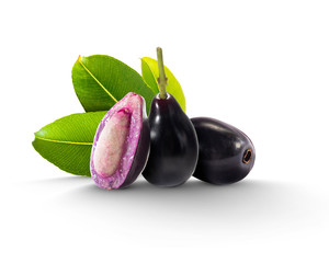 Java plum also called Jambolan, tropical fruit used in traditional medicine against diabetes isolated on white background
