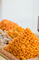 Various Fruits And Vegetables For Sale At Market Stall