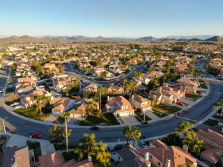 Aerial view of Menifee neighborhood, residential subdivision vila during sunset. Riverside County,...