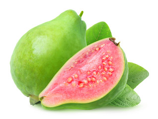 Isolated guava. One whole green guava and a half with pink flesh isolated on white background with clipping path
