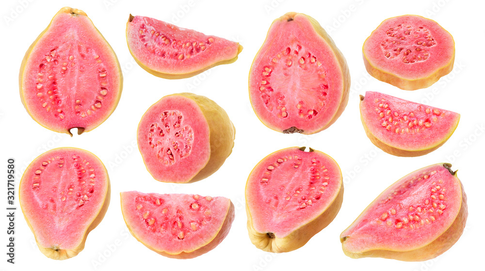 Poster Isolated cut guava. Collection of different pieces of yellow skin pink fleshed guava fruits isolated on white background with clipping path