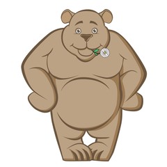 Hefty smiling bear with a flower in his teeth. A large, powerful beast, cheerfully tuned, not angry, good-natured. Vector illustration