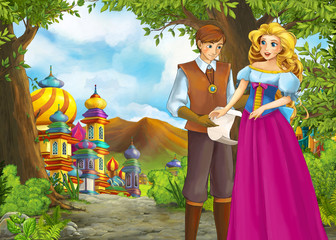 Obraz na płótnie Canvas Cartoon nature scene with beautiful castle with prince and princess