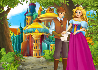 Fototapeta na wymiar Cartoon nature scene with beautiful castle with prince and princess