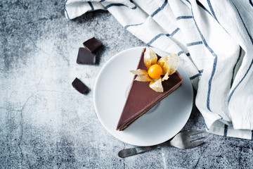 Chocolate cake with chocolate cream filling decorated with physalis
