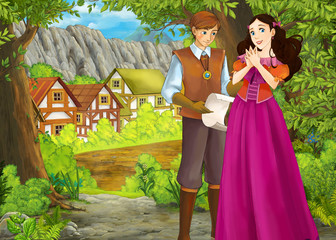 Fototapeta na wymiar cartoon summer scene with path to the farm village with prince and princess