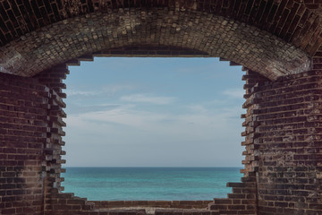 Brick wall windows image. Background and seascape image.