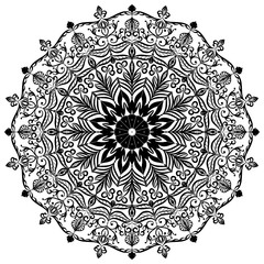 Mandala black on a white background. Delicate ethnic ornament. Template for tattooing, henna drawing.  Pattern on fabric, paper, glass.  Vector psychedelic. Coloring.  