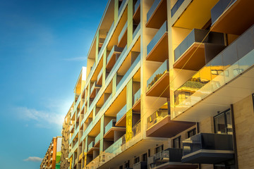 Cityscape office buildings with modern corporate architecture. Exterior of a modern office building. Modern flat buildings