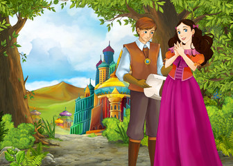 Fototapeta na wymiar Cartoon nature scene with beautiful castle with prince and princess