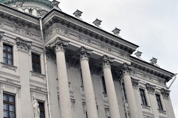 facade and roof with a belvedere of the Pashkov house against the background of the gloomy Moscow sky. Architecture of the Moscow historical center