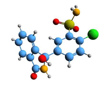 3D image of chlortalidone skeletal formula - molecular chemical structure of diuretic drug chlorthalidone isolated on white background